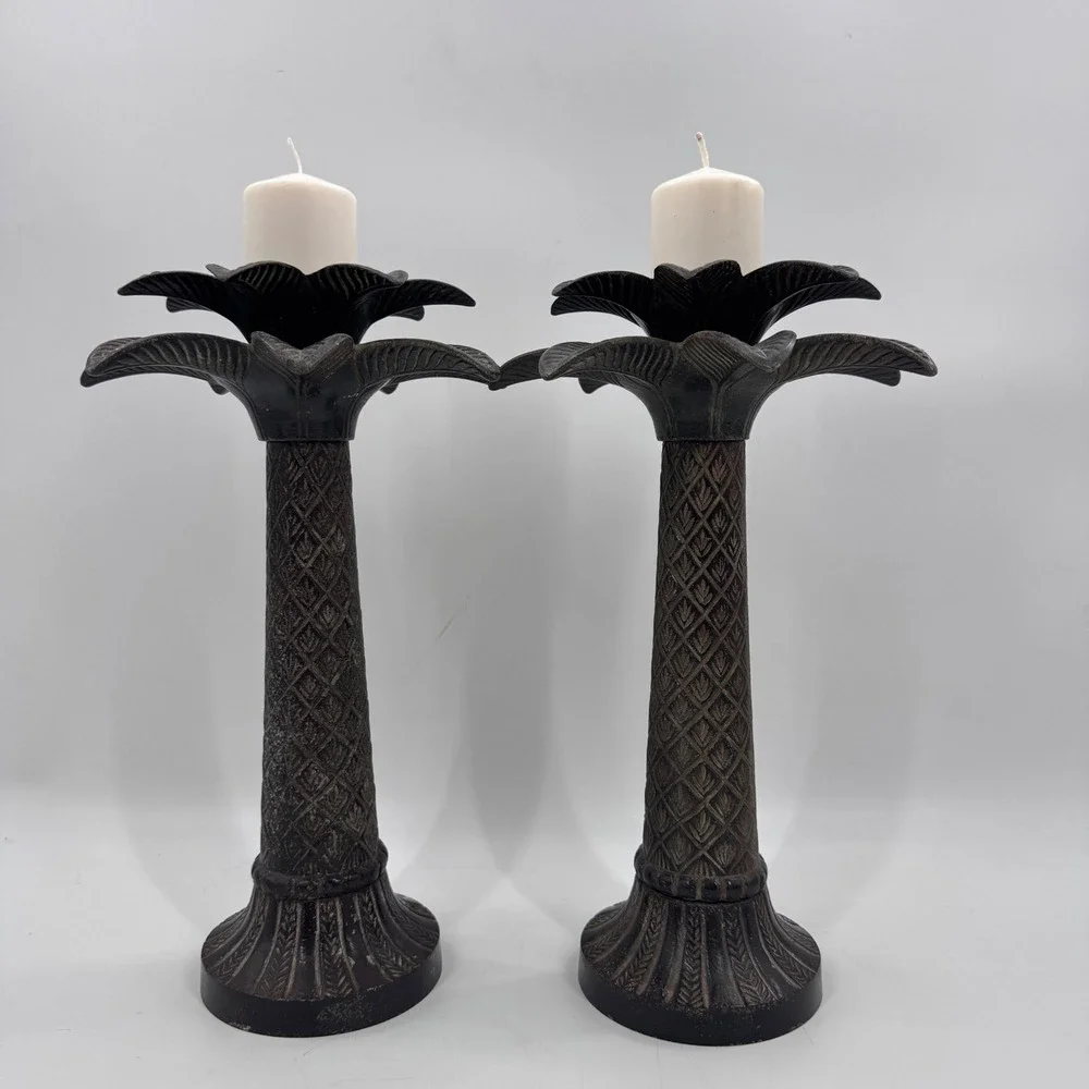Vintage Iron Palm Tree Candle Holders Pair 15